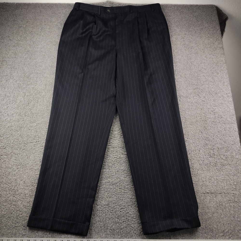 Lauren Ralph Lauren Wool Pants Mens 38x32 Pinstripe Pleated Cuffed Navy Blue EUC